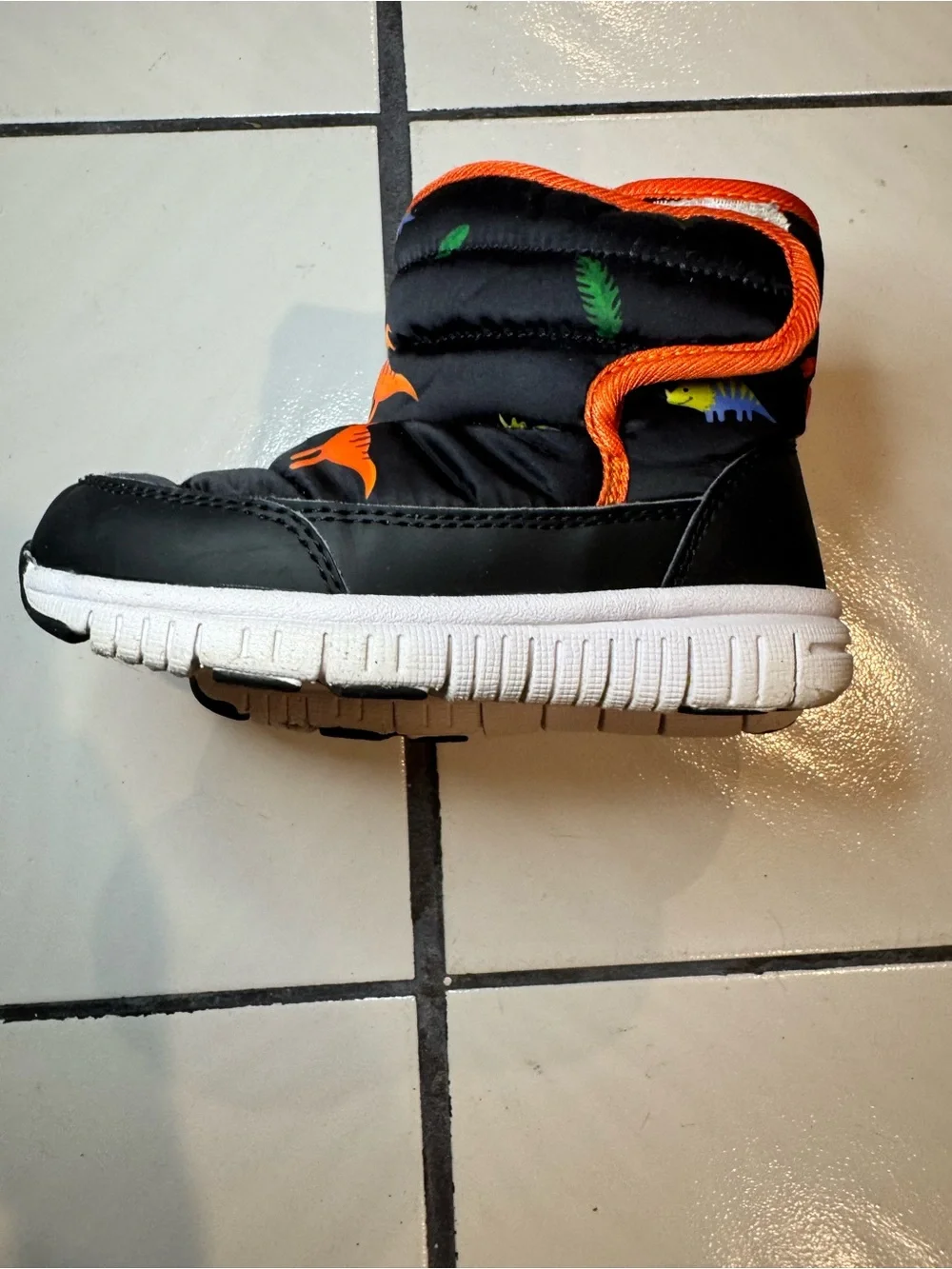 Kids Black Dino Rain & Snow Boots with Orange Trim